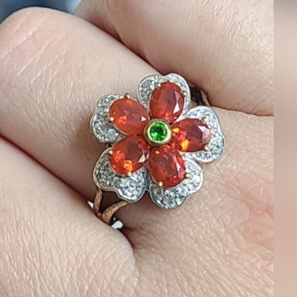 Vintage Chunky Retro Flower Sterling Silver Gold Orange Sapphire Crystal Ring 7